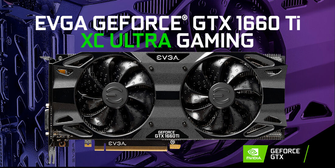   Front view of EVGA GeForce GTX 1660 Ti XC ULTRA BLACK GAMING graphics card, below is GeForce GTX logo, above is texts reading as “EVGA GeForce GTX 1660 Ti XC ULTRA GAMING” 